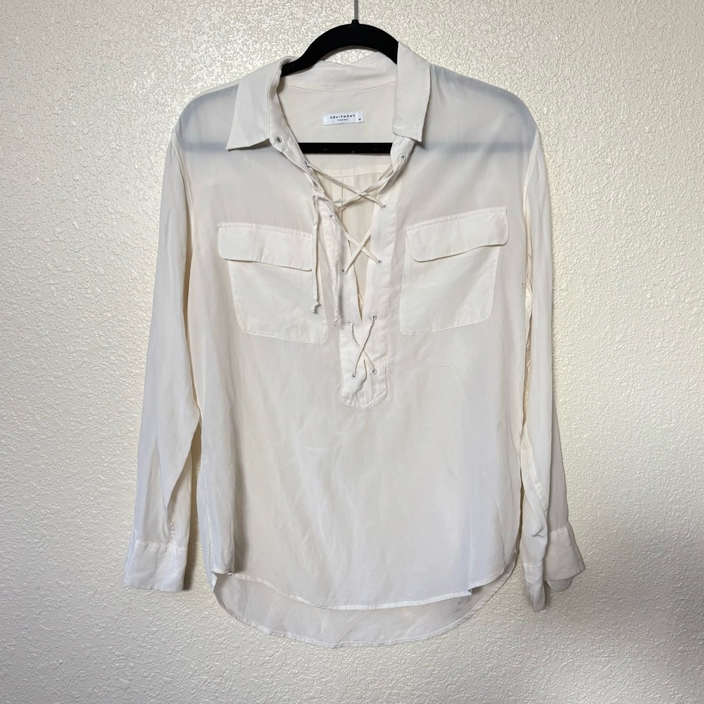 Equipment White Lace Up Front Silky Lightweight Blouse Medium
